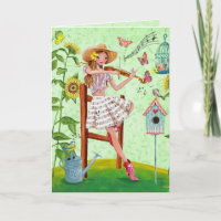 Stylish green music girl & violin summer Greeting