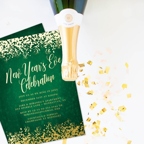 Stylish Green New Years Eve Party Confetti Foil Invitation