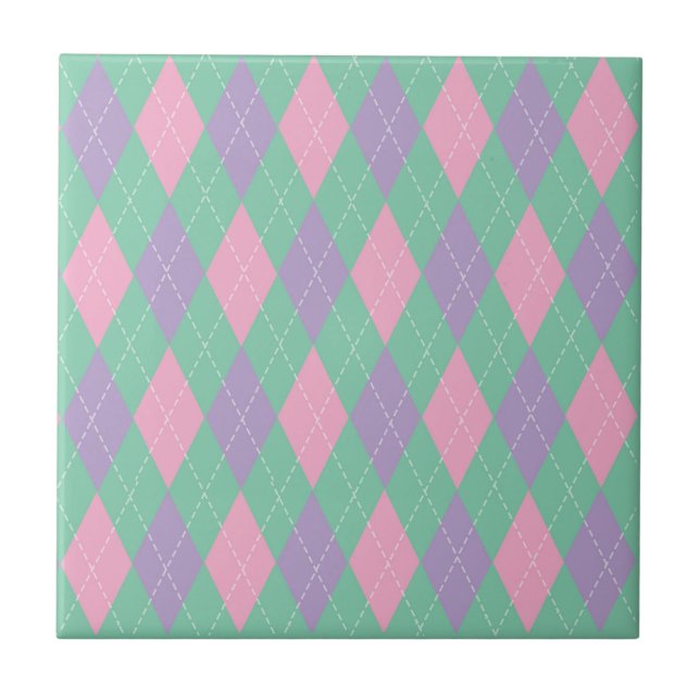 Stylish Green Orange Pink Argyle Pattern Ceramic Tile (Front)