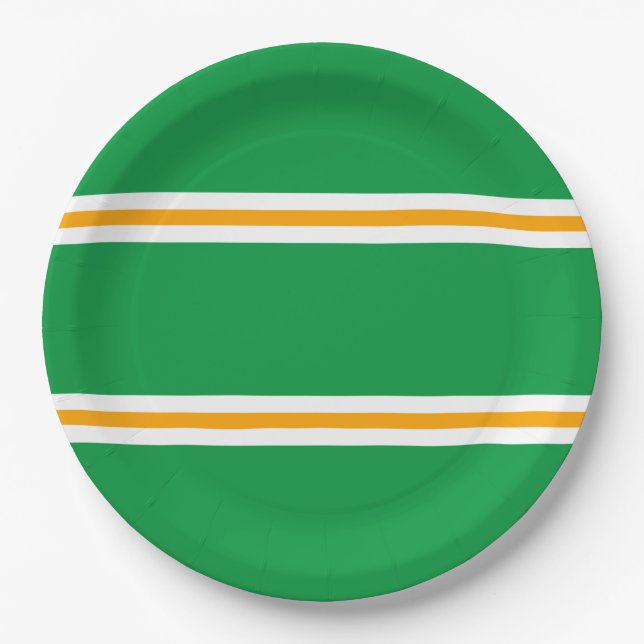 Stylish Green Orange White Summer Racing Stripes Paper Plates (Front)