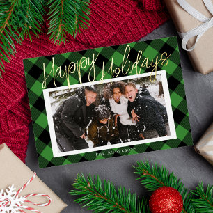 Stylish Green Plaid Photo Foil Holiday Card