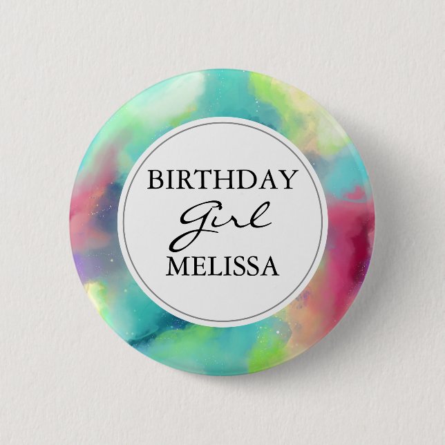 Stylish Green & Red Watercolor Birthday Girl Button (Front)