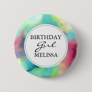 Stylish Green & Red Watercolor Birthday Girl Button