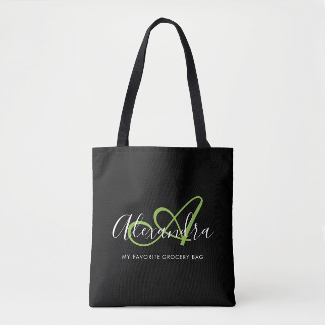 Stylish Green Script Monogram Grocery Tote Bag (Front)