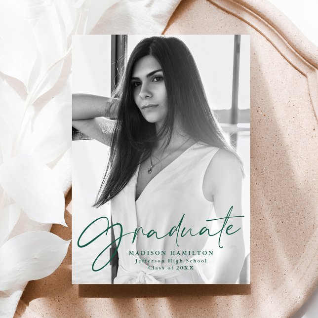 Stylish Green Script Photo Graduation Announcement (Creator Uploaded)