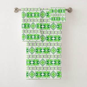 Stylish Green Star Vector Pattern on White Bath Towel Set