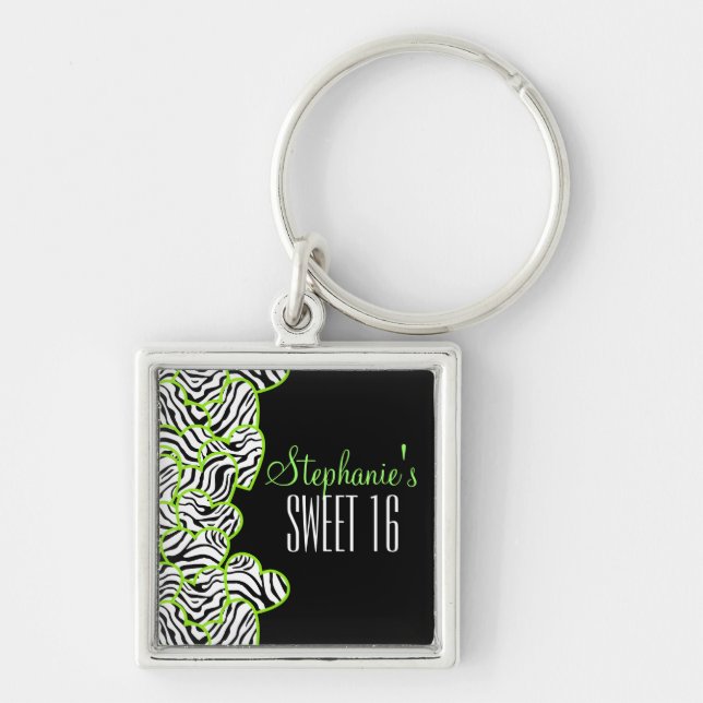 Stylish Green Sweet 16 Zebra Heart Design Name Keychain (Front)