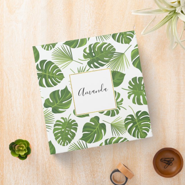 Stylish Green Tropical Leaves Pattern 3 Ring Binder (In Situ)