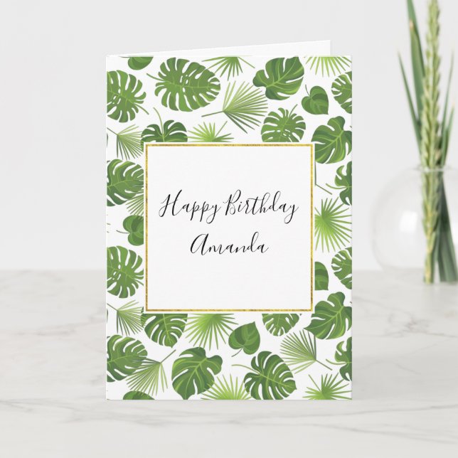 Stylish Green Tropical Leaves Pattern Birthday Card (Front)