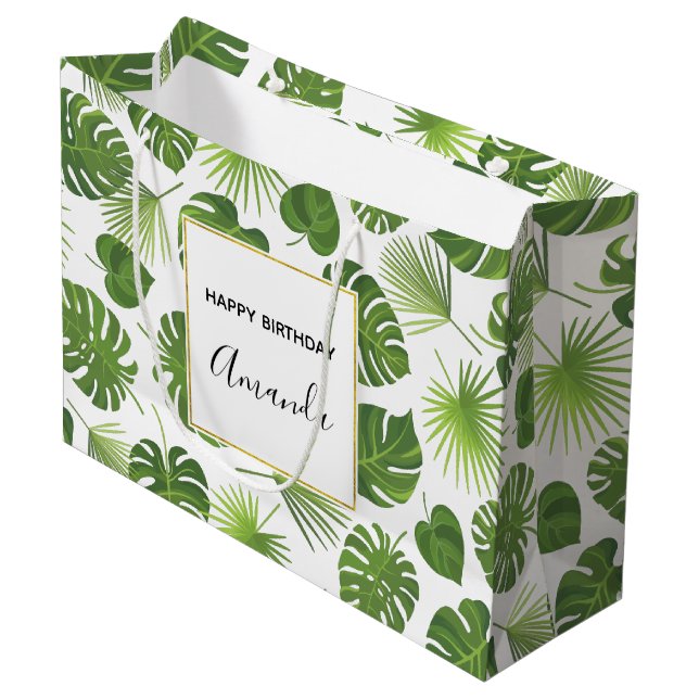 Stylish Green Tropical Leaves Pattern Birthday Large Gift Bag (Front Angled)