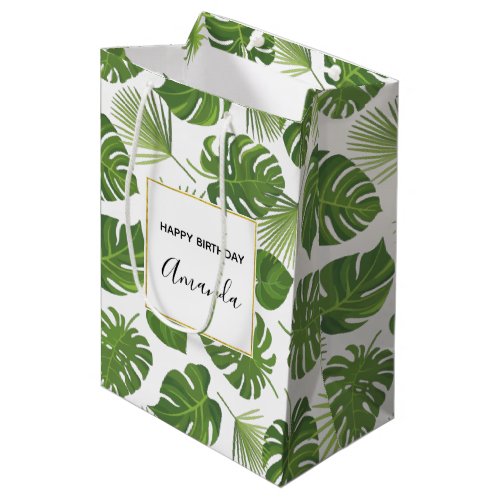 Stylish Green Tropical Leaves Pattern Birthday Medium Gift Bag