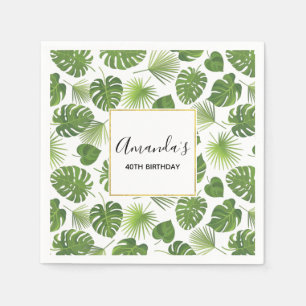 Stylish Green Tropical Leaves Pattern Birthday Napkins