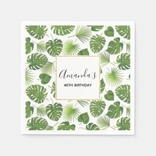Stylish Green Tropical Leaves Pattern Birthday Napkins (Front)
