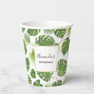 Stylish Green Tropical Leaves Pattern Birthday Paper Cups