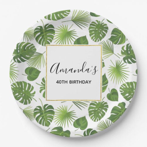 Stylish Green Tropical Leaves Pattern Birthday Paper Plates