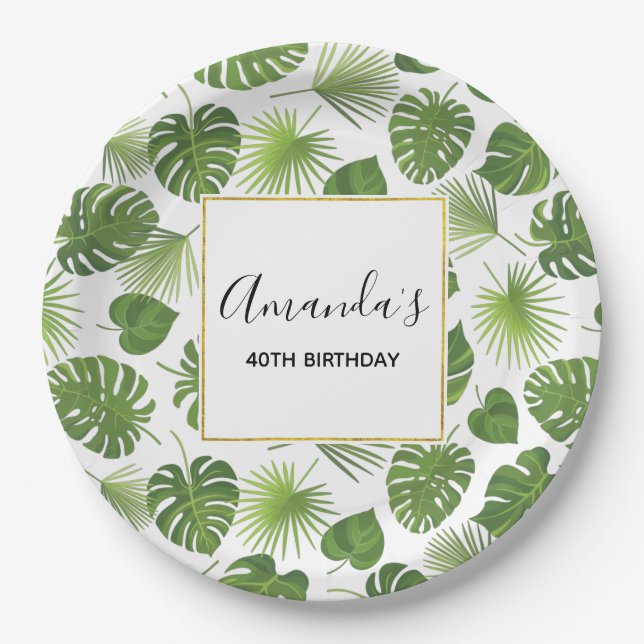 Stylish Green Tropical Leaves Pattern Birthday Paper Plates (Front)