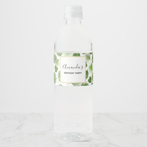 Stylish Green Tropical Leaves Pattern Birthday Water Bottle Label
