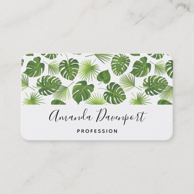 Stylish Green Tropical Leaves Pattern Business Card (Front)