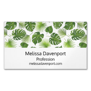 Stylish Green Tropical Leaves Pattern Business Card Magnet