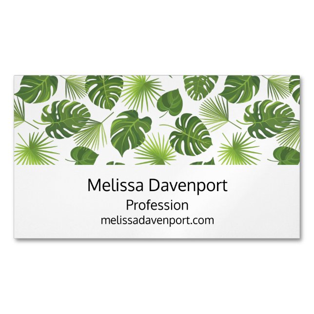 Stylish Green Tropical Leaves Pattern Business Card Magnet (Front)