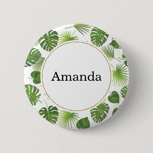 Stylish Green Tropical Leaves Pattern Button (Front)