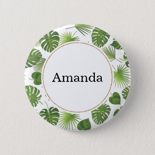 Stylish Green Tropical Leaves Pattern Button