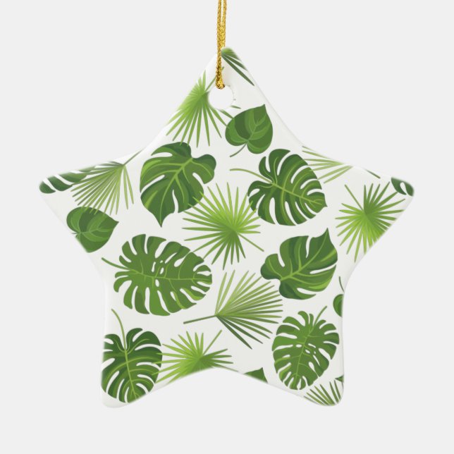 Stylish Green Tropical Leaves Pattern Ceramic Ornament (Front)