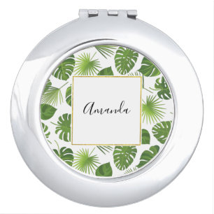  Stylish Green Tropical Leaves Pattern Compact Mirror
