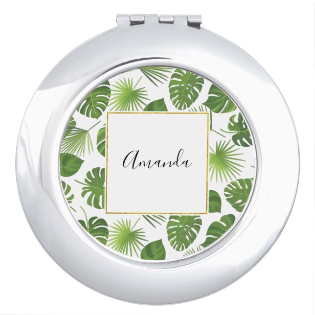  Stylish Green Tropical Leaves Pattern Compact Mirror (Front)