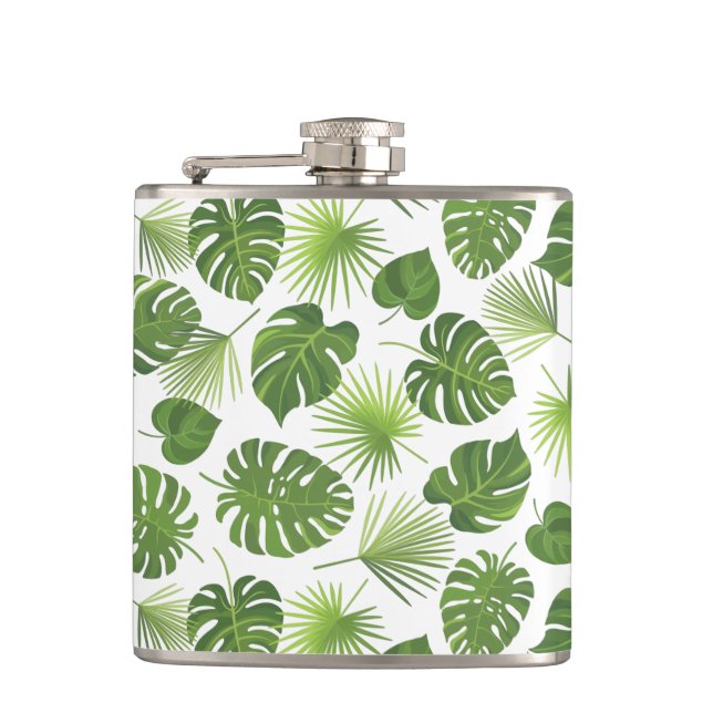 Stylish Green Tropical Leaves Pattern Flask (Front)