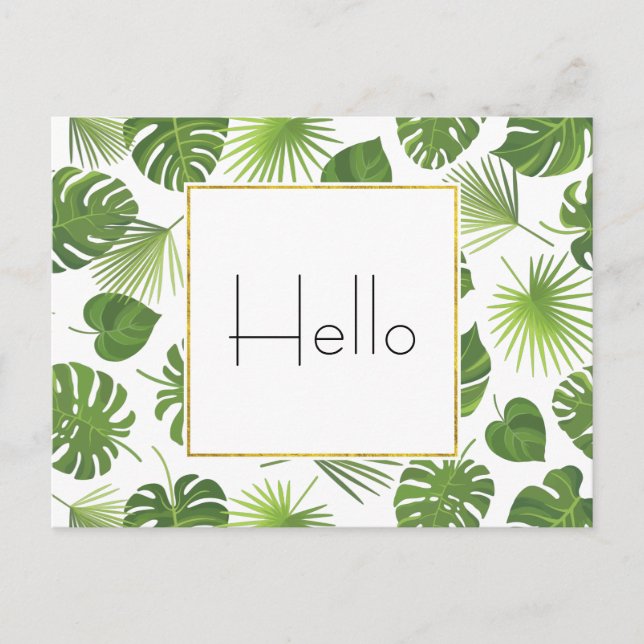 Stylish Green Tropical Leaves Pattern Hello Postcard (Front)