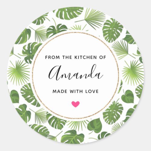 Stylish Green Tropical Leaves Pattern Kitchen Classic Round Sticker