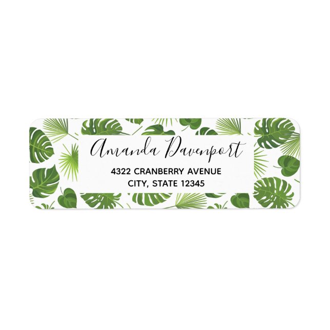 Stylish Green Tropical Leaves Pattern Label (Front)
