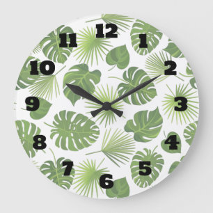 Stylish Green Tropical Leaves Pattern Large Clock