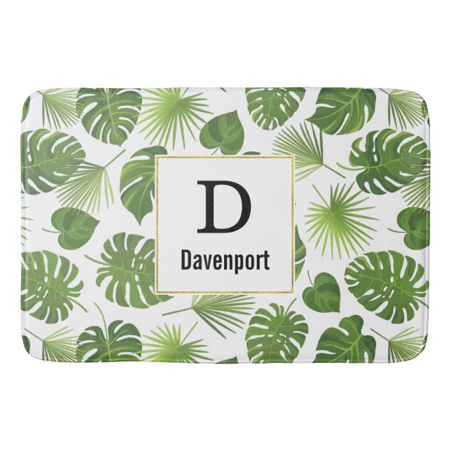 Stylish Green Tropical Leaves Pattern Monogram Bath Mat (Front)