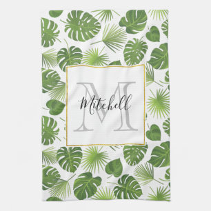 Stylish Green Tropical Leaves Pattern Monogram Kitchen Towel