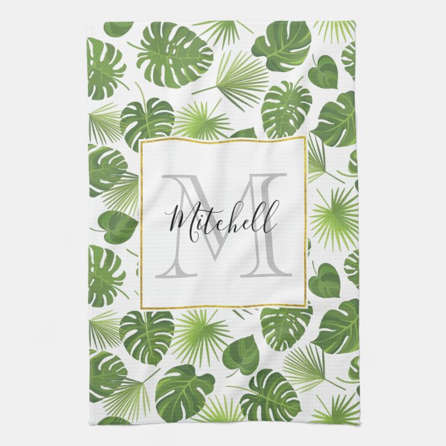 Stylish Green Tropical Leaves Pattern Monogram Kitchen Towel (Vertical)