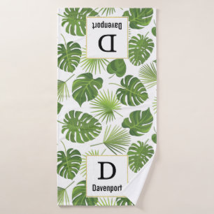 Stylish Green Tropical Leaves Pattern Monogrma Bath Towel Set