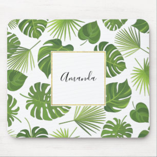 Stylish Green Tropical Leaves Pattern Mouse Pad