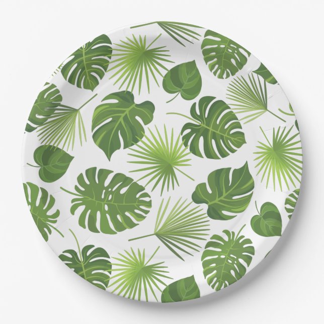Stylish Green Tropical Leaves Pattern Paper Plates (Front)