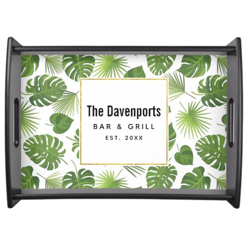 Stylish Green Tropical Leaves Pattern Serving Tray