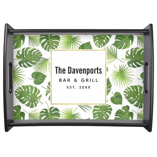 Stylish Green Tropical Leaves Pattern Serving Tray (Front)