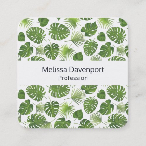Stylish Green Tropical Leaves Pattern Square Business Card