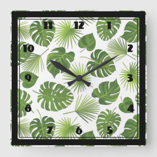 Stylish Green Tropical Leaves Pattern Square Wall Clock