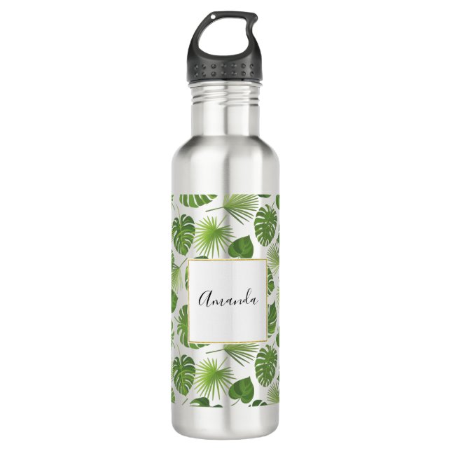 Stylish Green Tropical Leaves Pattern Stainless Steel Water Bottle (Front)