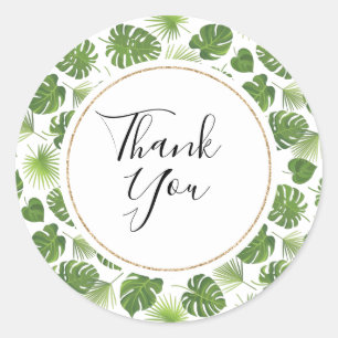 Stylish Green Tropical Leaves Pattern Thank You Classic Round Sticker