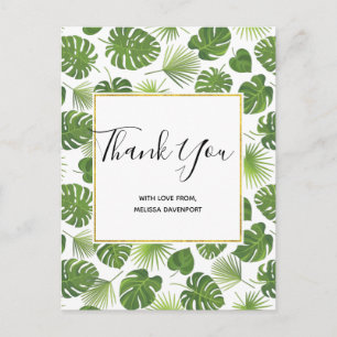 Stylish Green Tropical Leaves Pattern Thank You Postcard