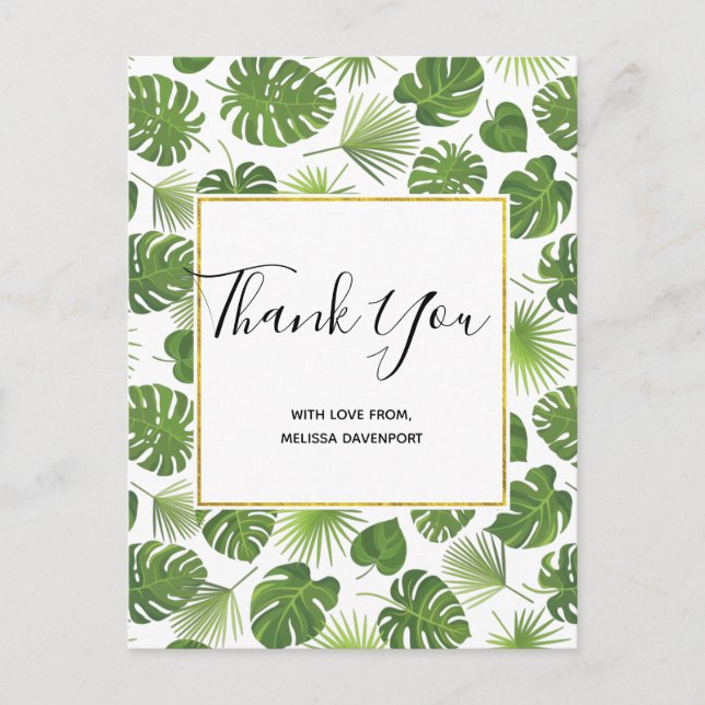 Stylish Green Tropical Leaves Pattern Thank You Postcard (Front)