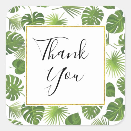 Stylish Green Tropical Leaves Pattern Thank You Square Sticker