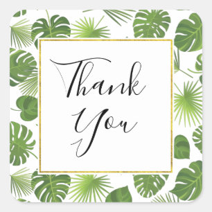 Stylish Green Tropical Leaves Pattern Thank You Square Sticker